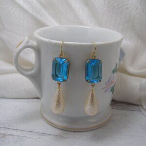 Blue Topaz Glass Earrings Vintage Style Large White Pearl Teardrop